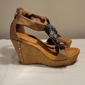 Patrizia Pegasus Beige Wedge Sandals with Beaded Accents Heels size 38